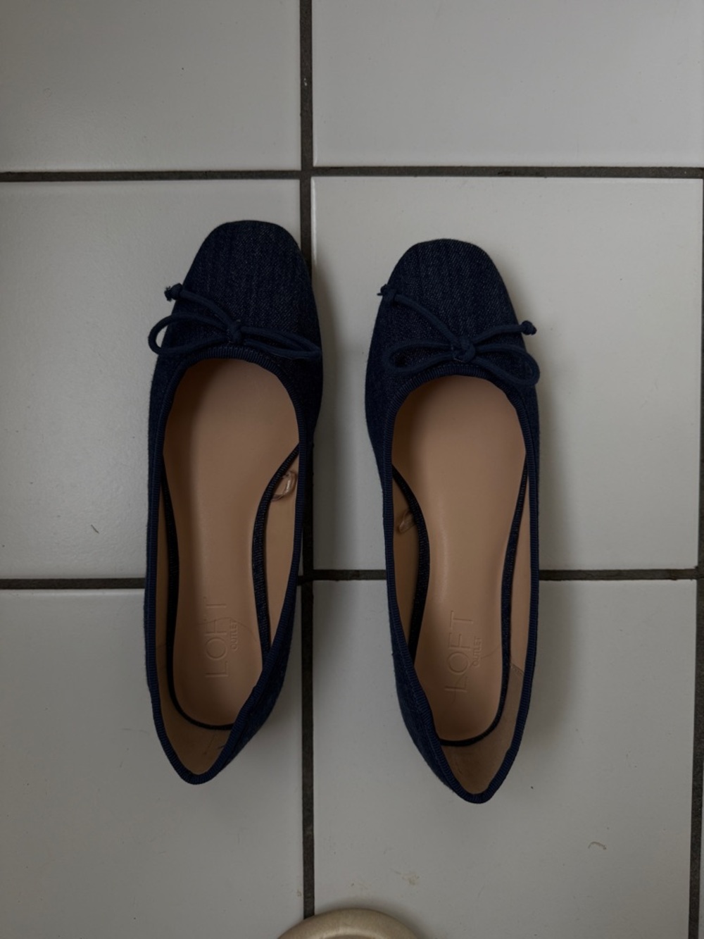 LOFT NavyDenim Bow Square-Toe Ballet Flats